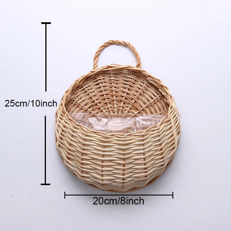 Hand Made Wicker Rattan Flower Planter Wall Hanging Wicker Rattam Basket Garden Vine Pot Plants Holder Garden Pots Wall Planter - Hocozy Off-white-20CM