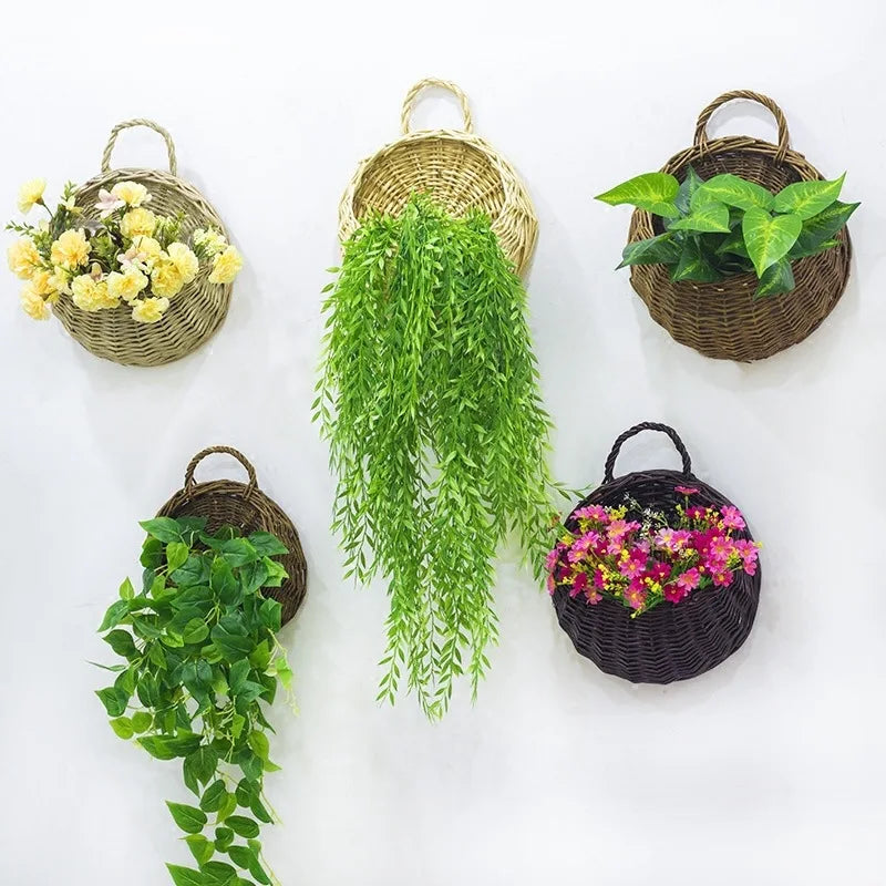 Hand Made Wicker Rattan Flower Planter Wall Hanging Wicker Rattam Basket Garden Vine Pot Plants Holder Garden Pots Wall Planter - Hocozy 