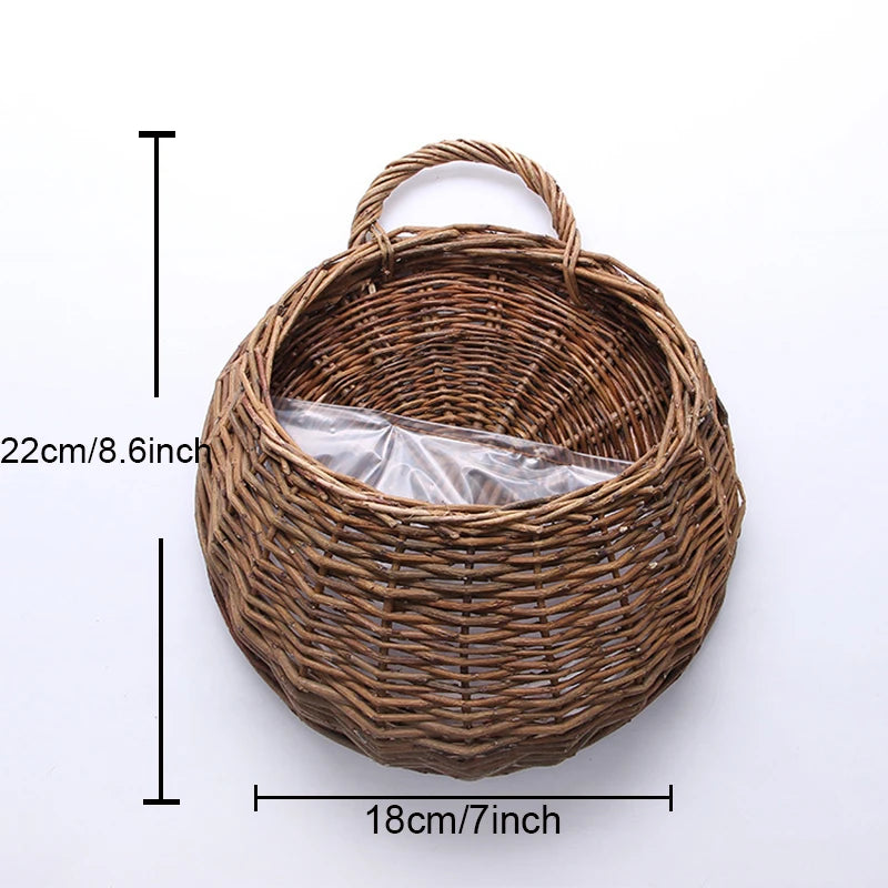 Hand Made Wicker Rattan Flower Planter Wall Hanging Wicker Rattam Basket Garden Vine Pot Plants Holder Garden Pots Wall Planter - Hocozy Log-color-18CM