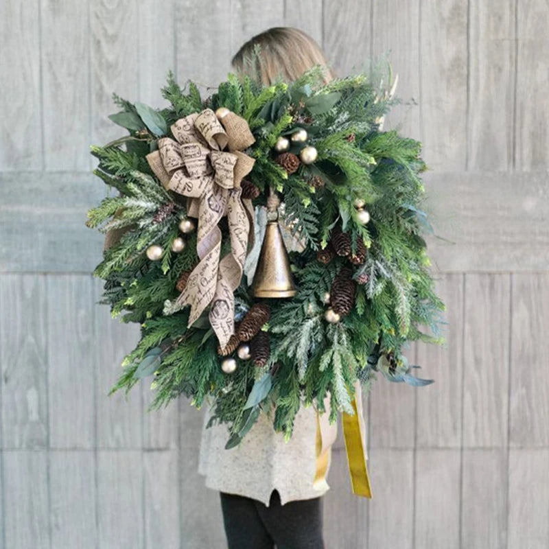 Farmhouse Christmas Wreath with Bells and Pine Cones - Hocozy