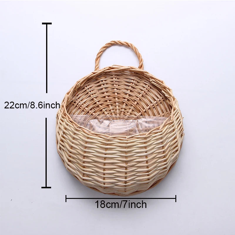 Hand Made Wicker Rattan Flower Planter Wall Hanging Wicker Rattam Basket Garden Vine Pot Plants Holder Garden Pots Wall Planter - Hocozy Off-white-18cm