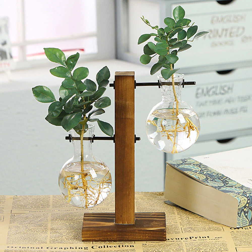 Creative Glass Desktop Planter Bulb Vase Wooden Stand Hydroponic Plant Container Home Tabletop Decor Vases - Hocozy 