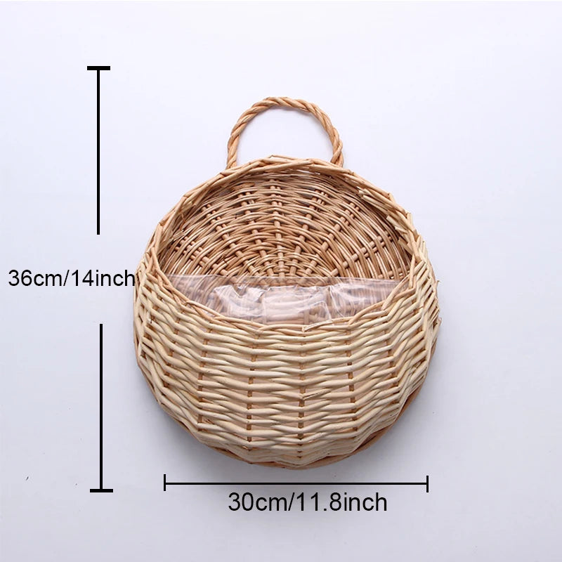 Hand Made Wicker Rattan Flower Planter Wall Hanging Wicker Rattam Basket Garden Vine Pot Plants Holder Garden Pots Wall Planter - Hocozy Off-white-30CM